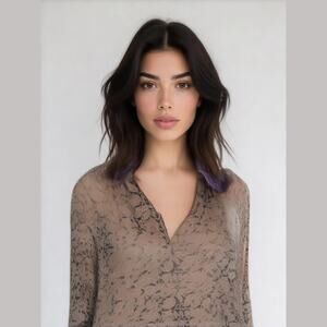 Joie Purple Tan Silk Floral Paisley Long Sleeve Flowy Hippie Boho Blouse Top XXS